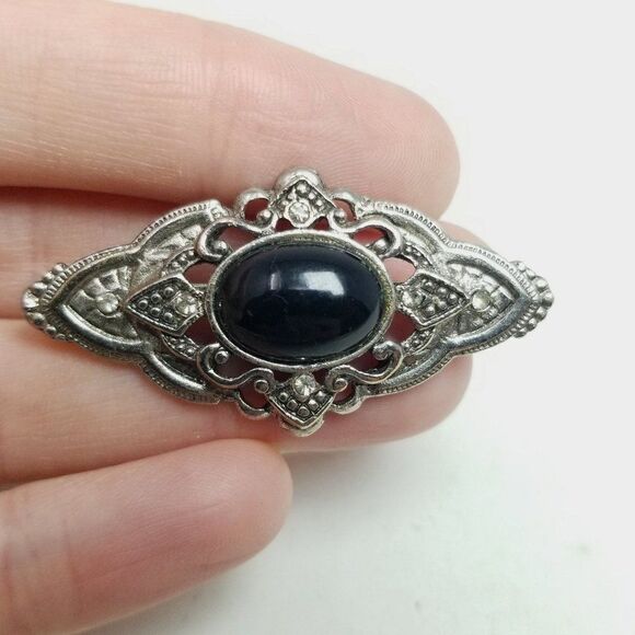 Vintage Black Cabochon and Silver Tone Brooch, Unisex Design, Estate Lapel Pin - Picture 1 of 6